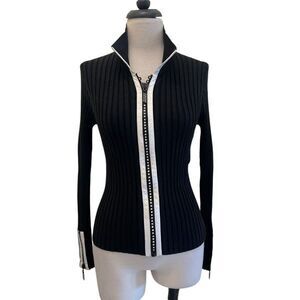 Belldini Women's Ribbed Full Rhinestone Zip Silk Blend Cardigan Black Small